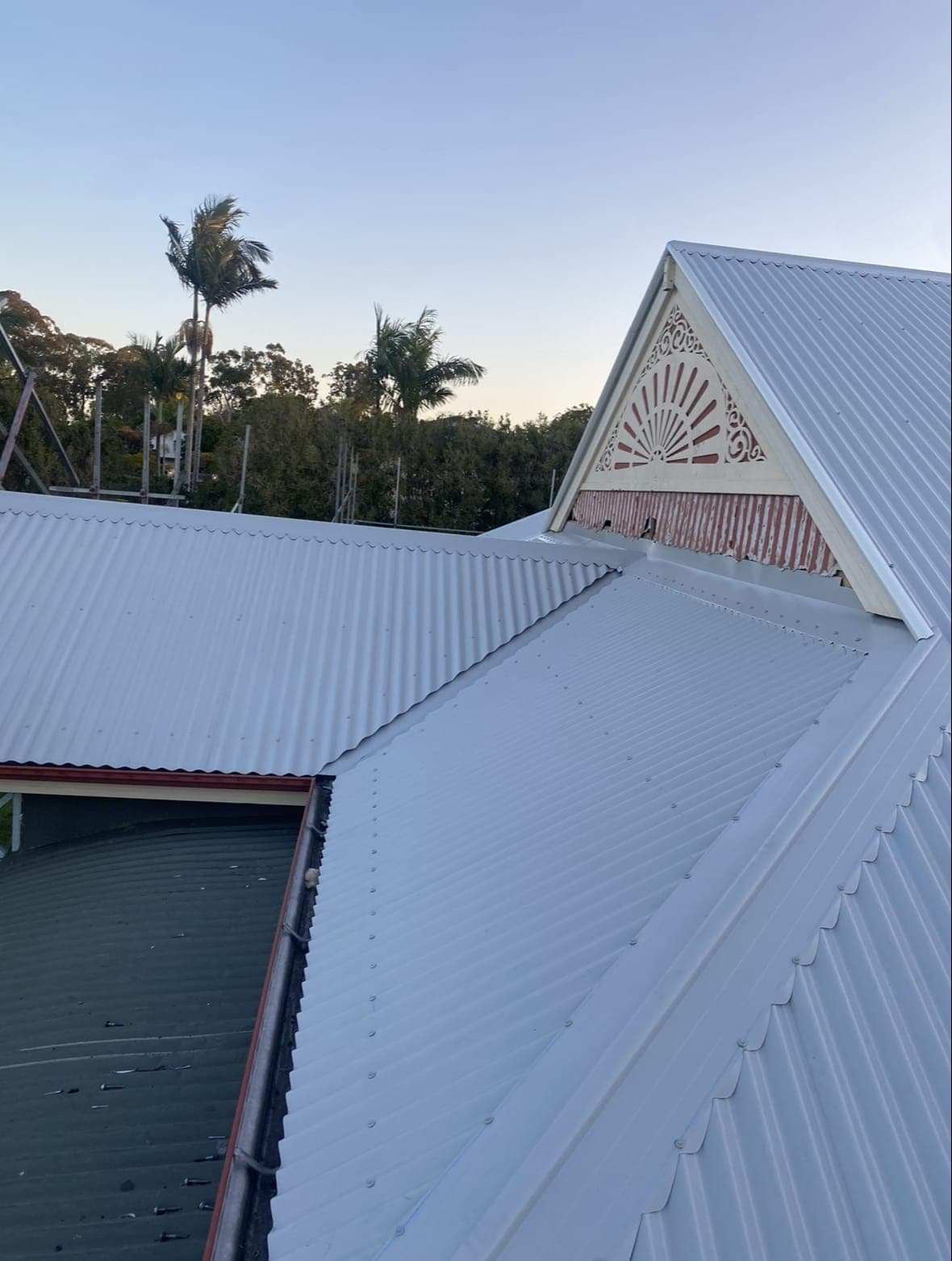 Light grey Colorbond roof on a home with a decorative timber gable