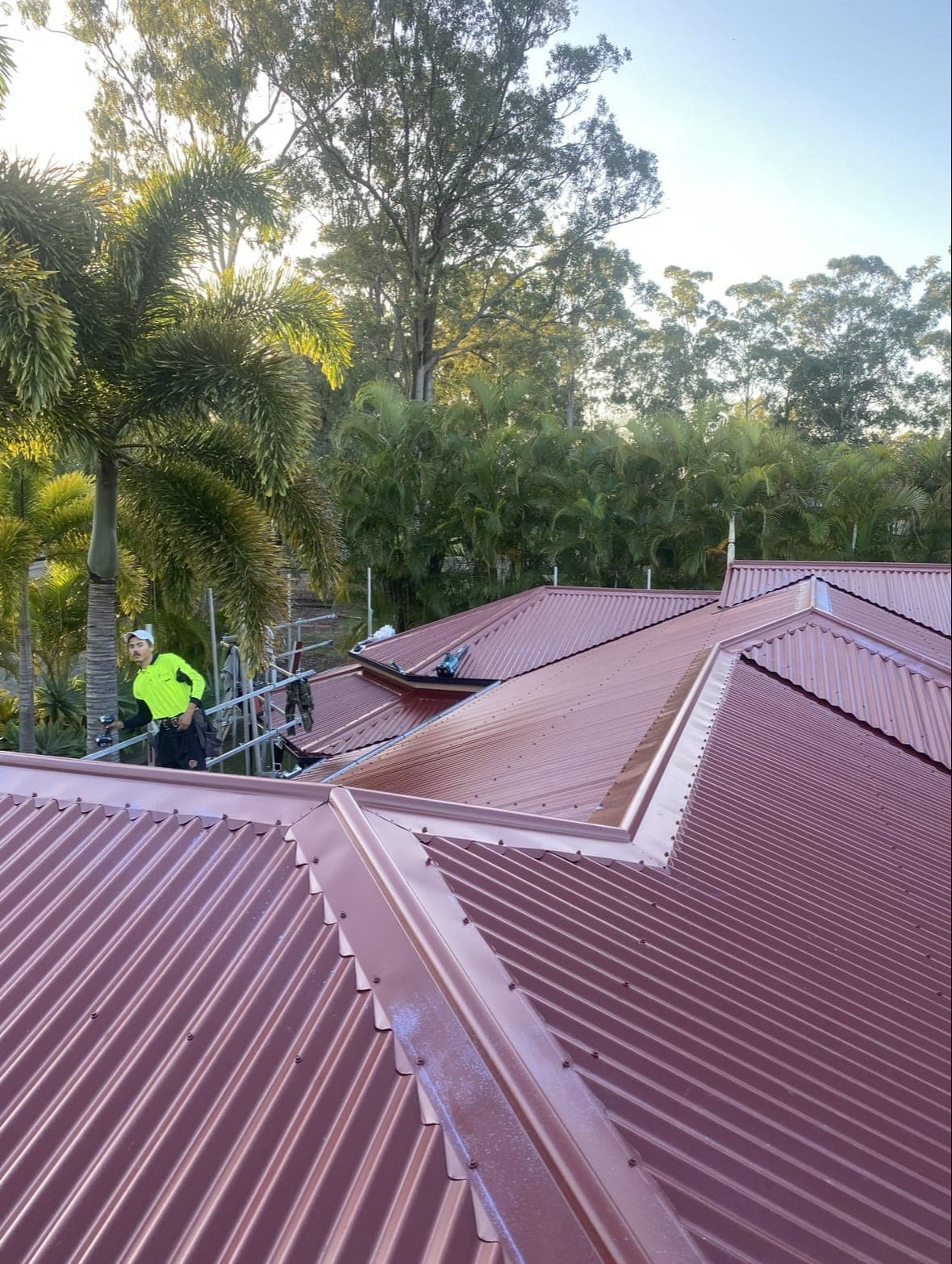 Top Tin roofer installing a new red Colorbond roof